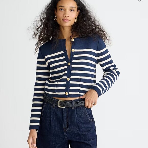 J. Crew Emilie Sweater Lady Jacket In Stripe XL Blue Ivory Cotton Office Casual - Picture 2 of 10